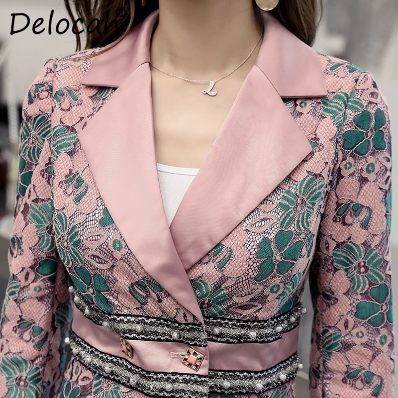 Delocah/ Модный осенний Повседневный костюм для подиума, женский кружевной блейзер с длинными рукавами и широкие брюки с разрезом, комплект из двух предметов