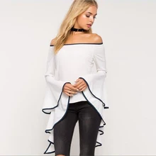 

Women Flouncing Flared Sleeve Tops Shirts Blouse Sexy Off Shoulder Slash Neck Slim Tops Blusas