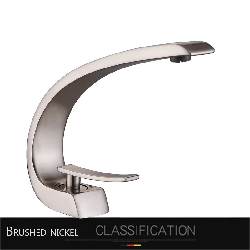 Brushed Nickel Черный бронзовый изогнутый кран для раковины, разноцветный современный кран для умывальника, хромированный кран с одной ручкой для ванной комнаты, Смеситель для холодной и горячей воды - Цвет: Brushed Nickel