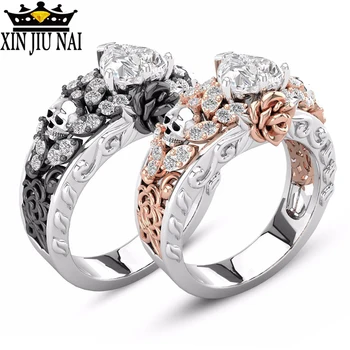 

2Colors Enamel Porcelain Pave Zircon Skull Rings For Women 925 Silver White Heart Crystal Wedding Ring Gothic Halloween Gift