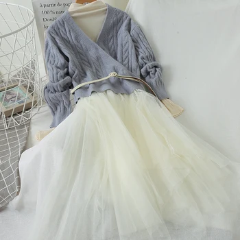 

Autumn Two Piece Sets Women Korean V-neck Sweater + Mesh Irregular Dress Elegant Fairy Casual Sweatsuits Belt OL Autumn Sets