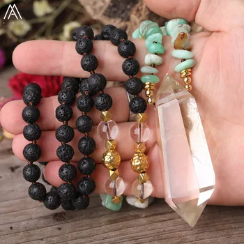 

Natural Citrines Quartz Double Point Pendant Australian Jades Chip Beads 8mm Black Lava Round Beads Knotted Handmade Necklace