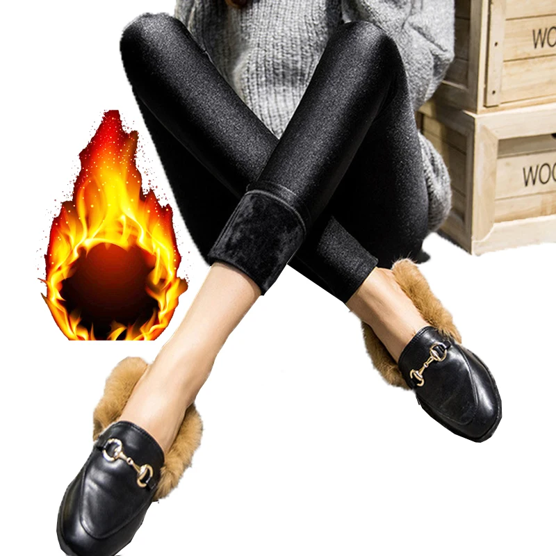 

Fashion Women Winter Shiny Leggings New Style Thick Ankle Length Warming Black Leggings Stretchy High Waist Satin Basic Pants