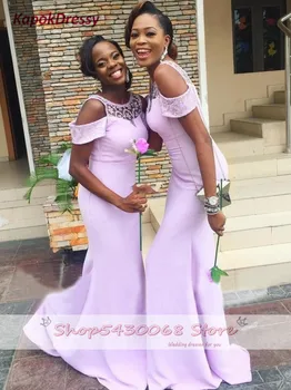

Lavender Simple Mermaid Bridesmaid Dresses Elegant Off The Shoulder Beaded Long Wedding Party Dresses For Women