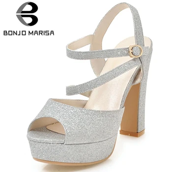 

BONJOMARISA Hot Sale Lady Fashion Peep Toe Glitters Sandals Summer High Heels Platform Sandals Women Elegant Evening Shoes Woman