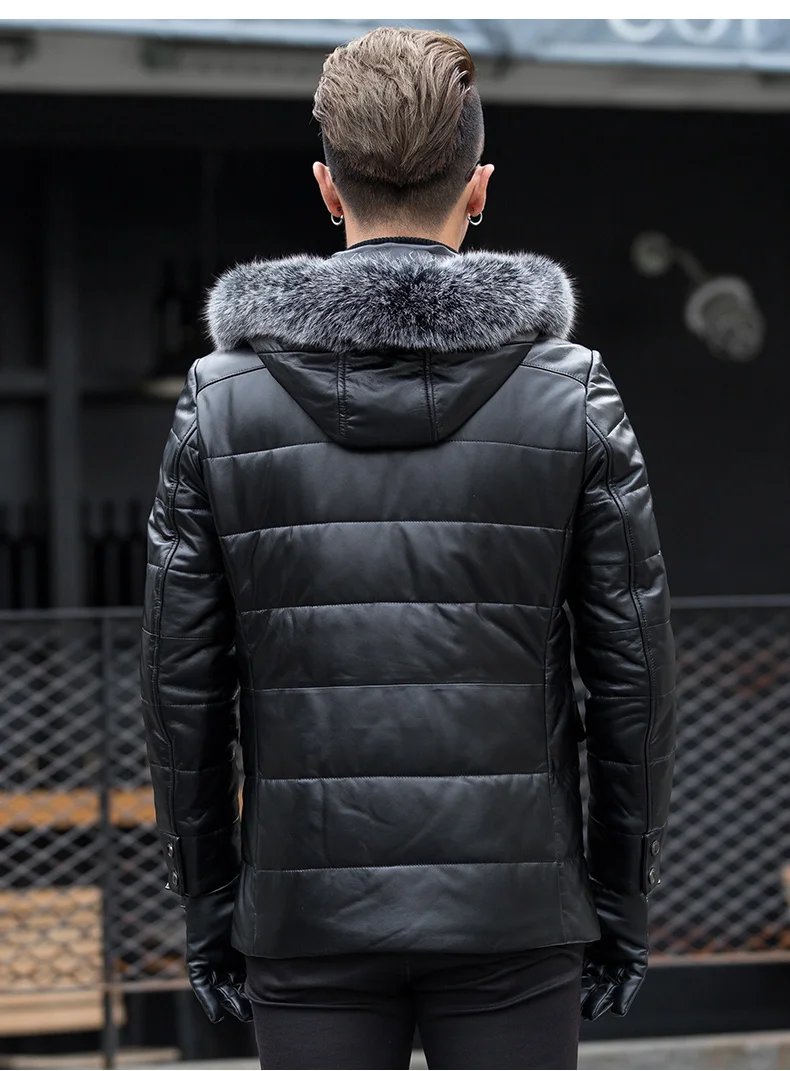 Мужская зимняя куртка из натуральной кожи с воротником лисьего меха|Кожаные