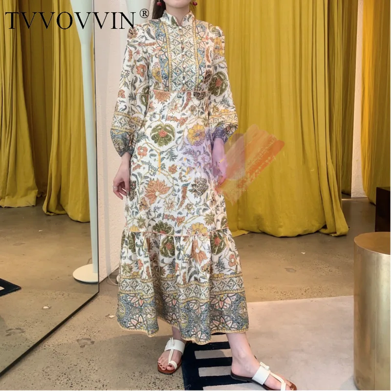 

TVVOVVIN 2019 Early Autumn Beach Style Printing Flower Shivering Stand Lead High Waist Long Sleeve Book Buckle Dress ZX391