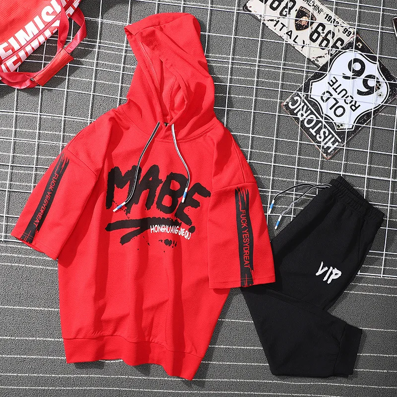 

2019 Summer New Style Short Sleeve Set Two-Piece Set Popular Brand Hooded Men Loose-Fit T-shirt Pullover Sports Set Men's