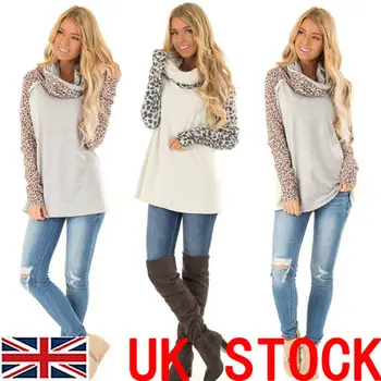 

UK Womens Warm Casual Leopard Long Sleeve Scarf Collar Sweater Ladies Sweatshirt Jumper Pullover Tops Blouse