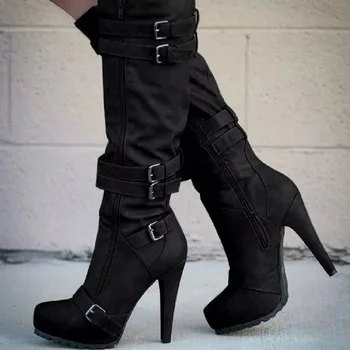 

Women Boots 2020 Autumn Winter Knee High Women Shoes Buckle Strap Zip Fabric Boots Platform Solid Western Long Boots Motorcycle