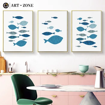 

ART ZONE Nordic Canvas Painting Blue Fish Watercolor Wall Art Posters And Prints Abstract Wall Pictures Living Room Home Decor