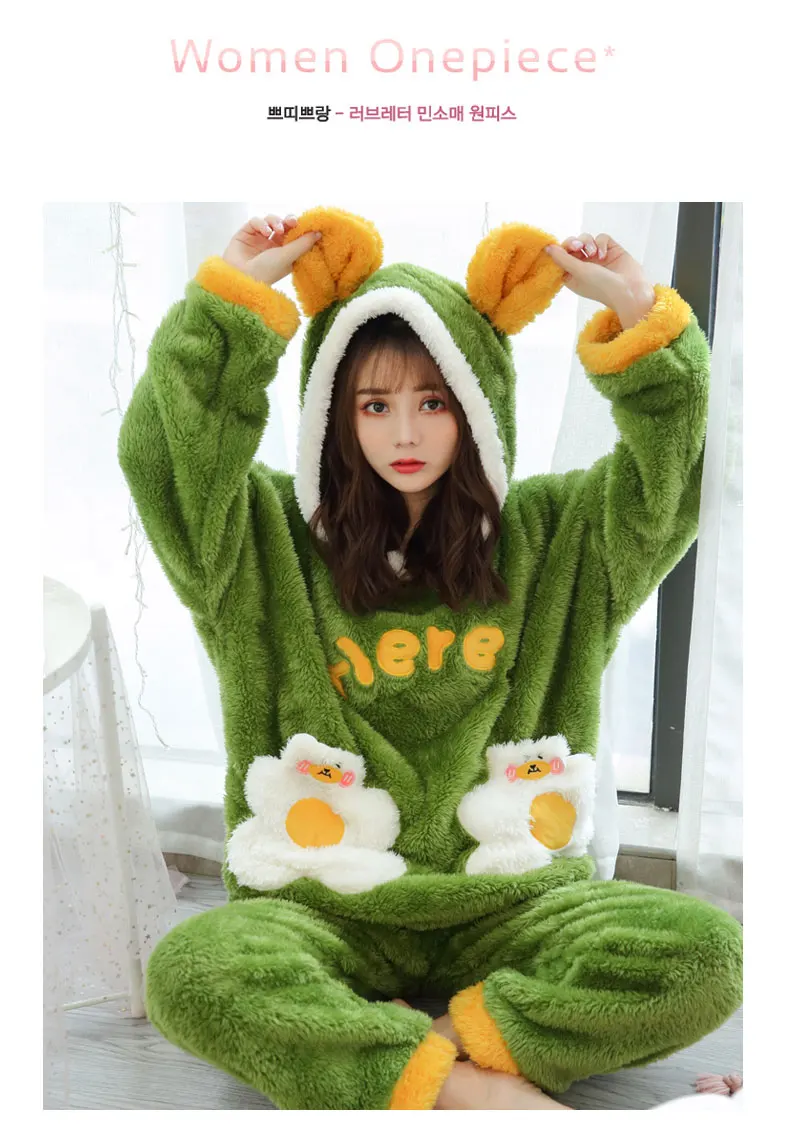 Jielur Warm Women Pajama Sets Winter Lady Long Sleeve Shirt+Pants Home suit Hooded Cartoon Print Thick Pijama Feminino