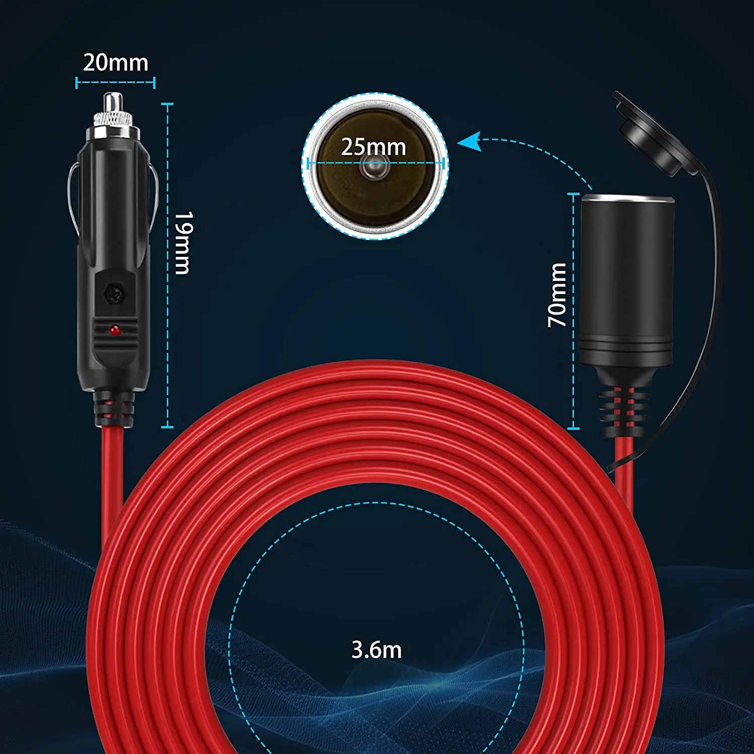 Extractme 12V 24V 15A Car Cigarette Lighter Extension Cord 3.6M 16AWG Car Splitter Charger Cable Socket Plug Auto Accessories_voghion.com