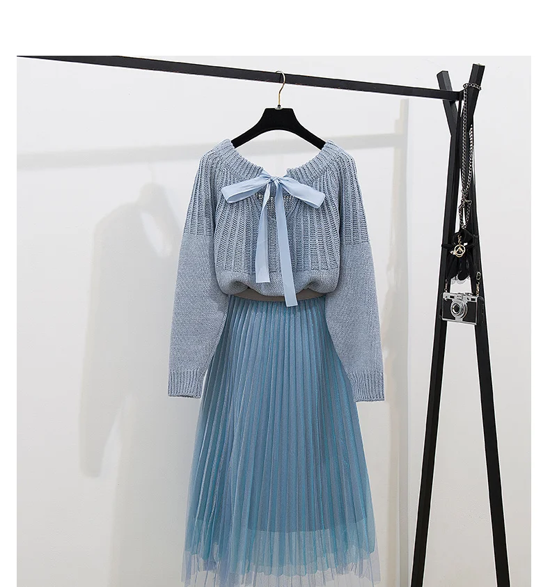 bow lantern sleeve knitted pullovers a word skirt of tall waist gauze fairy skirts leisure suit women 2 pcs clothing set