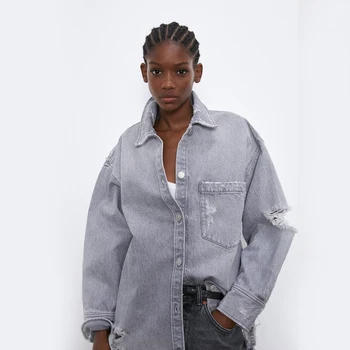 

2019 ZA Fashion Women Denim Jacket Casual Coat Hole Manually Worn Out Vintage Loose Shirt Statement Street Autumn Winter New