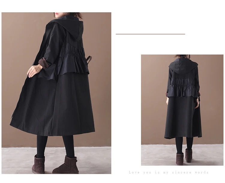 female new autumn and winter plus size korean style outerwear literary ruffled stitching hooded with velvet loose trench