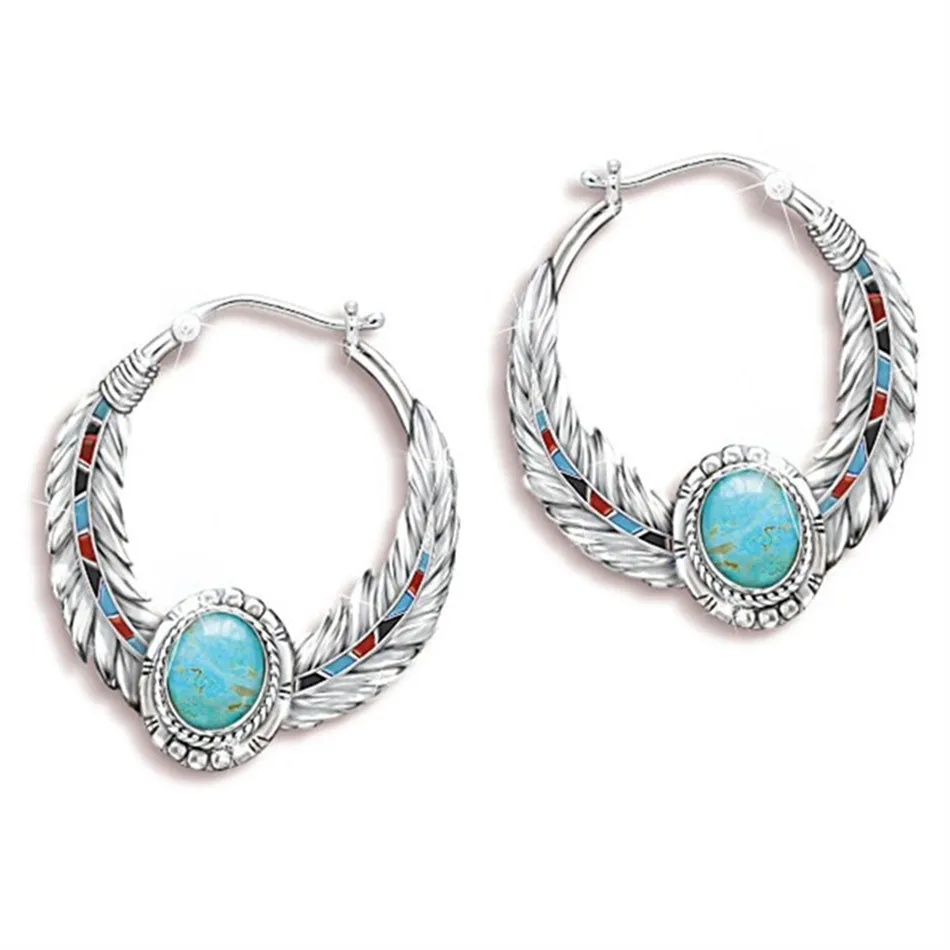 PENGBIN Green Stone Earrings Bohemian Style Alloy Feather Carved Women Ear Dangle Jewelry Decor Gift | Украшения и аксессуары