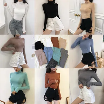 

YZY Autumn New Style Hong Kong Style Tops Slimming Long Sleeve High Collar T-shirt Solid Color