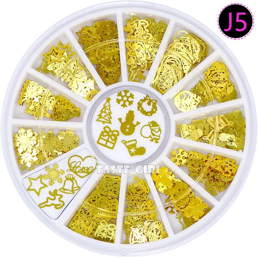 1 колесо Brone Черное золото смесь Хэллоуин Рождественский элемент Тыква Лицо Ведьма Снежинка тонкий металлический дизайн для ногтей блестки наклейки драгоценный камень DIY - Цвет: J5