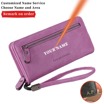 

Multiple Card Slots PU Leather Zipper Phone Bag Letter Women Engraving Name Simplicity Purse Long Wallet Christmas Present