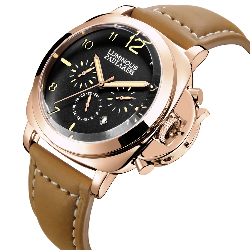 Automatic Self Wind Mechanical Genuine Brown Leather Strap Multifunction Date Month Yellow Green Luminous Rose Gold Men Watch