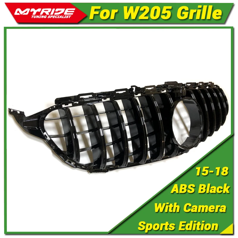 For MercedesMB W205 GT R Style Front Grills With Camera C Class C180 C200 C250 ABS Black Sport Front Grille Without Sign-18