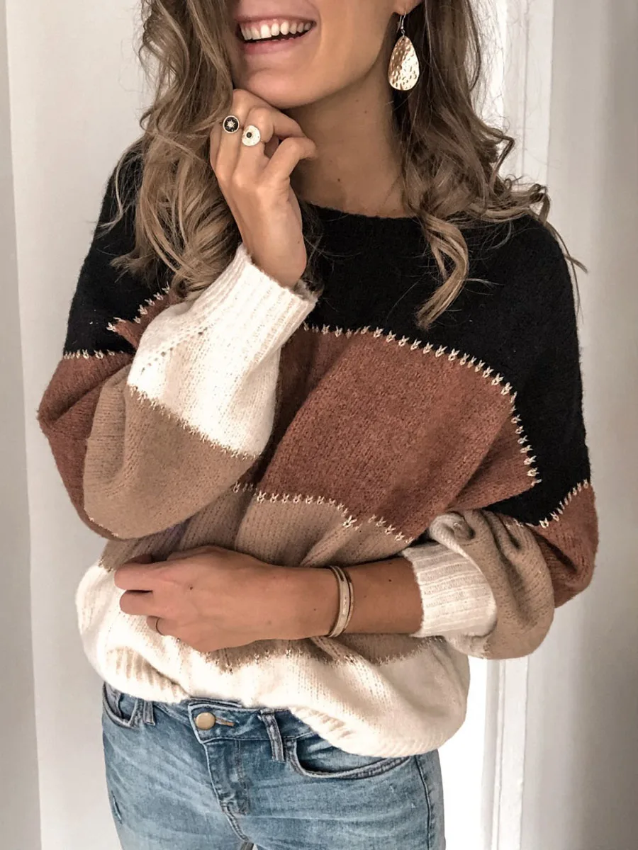 

Casual Autumn Women Sweater Patchwork Knitted Tops Loose Female Streetwear Long Sleeve Korean European Striped Jumper Pullovers