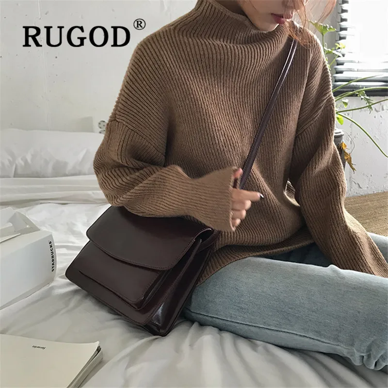 RUGOD корейский однотонный базовый свитер пуловеры для женщин теплый свободный свитер с высоким воротом толстые вязаные топы Модные повседневные женские