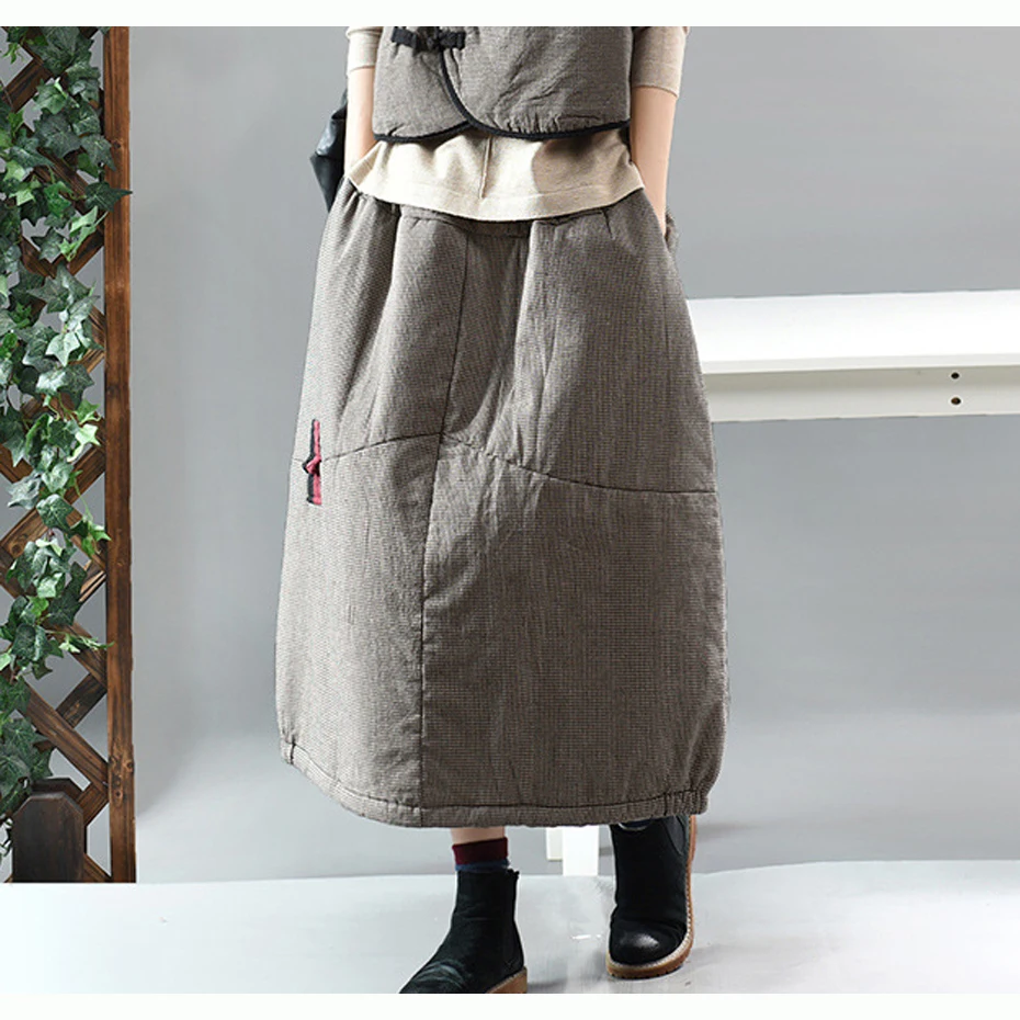 Женская хлопковая юбка, длинная, миди, свободная, эластичная талия, ретро стиль, модная, толстая, для осени и зимы, AZ51212720