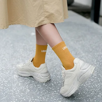 

Women Socks 1pair 2019 autumn Fashion Letter Brief Elastic New Cotton Preppy Style Solid Color Cute Retro Crew Socks Women