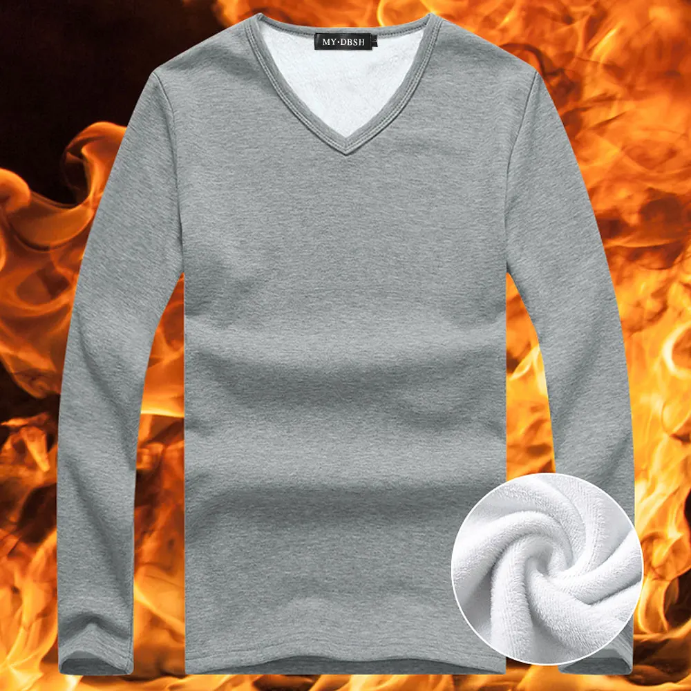 V Neck Gray Высокое качество осень зима мужская теплая Термофутболка мужская с длинным рукавом Повседневная С v-образным вырезом бархатная Толстая плюс толстая футболка терморубашка Мужская - Цвет: V Neck Gray