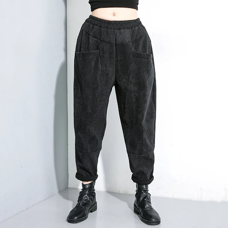 [EAM] черные вельветовые длинные штаны-шаровары с высокой эластичной талией, новые свободные брюки для женщин, модные весенне-осенние 1K441