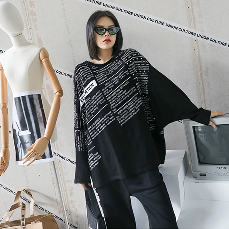 [EAM] Women black letter printed big size T-shirt New Round Neck Long batwing  Sleeve Fashion Tide  Spring Autumn 2020 1DA105