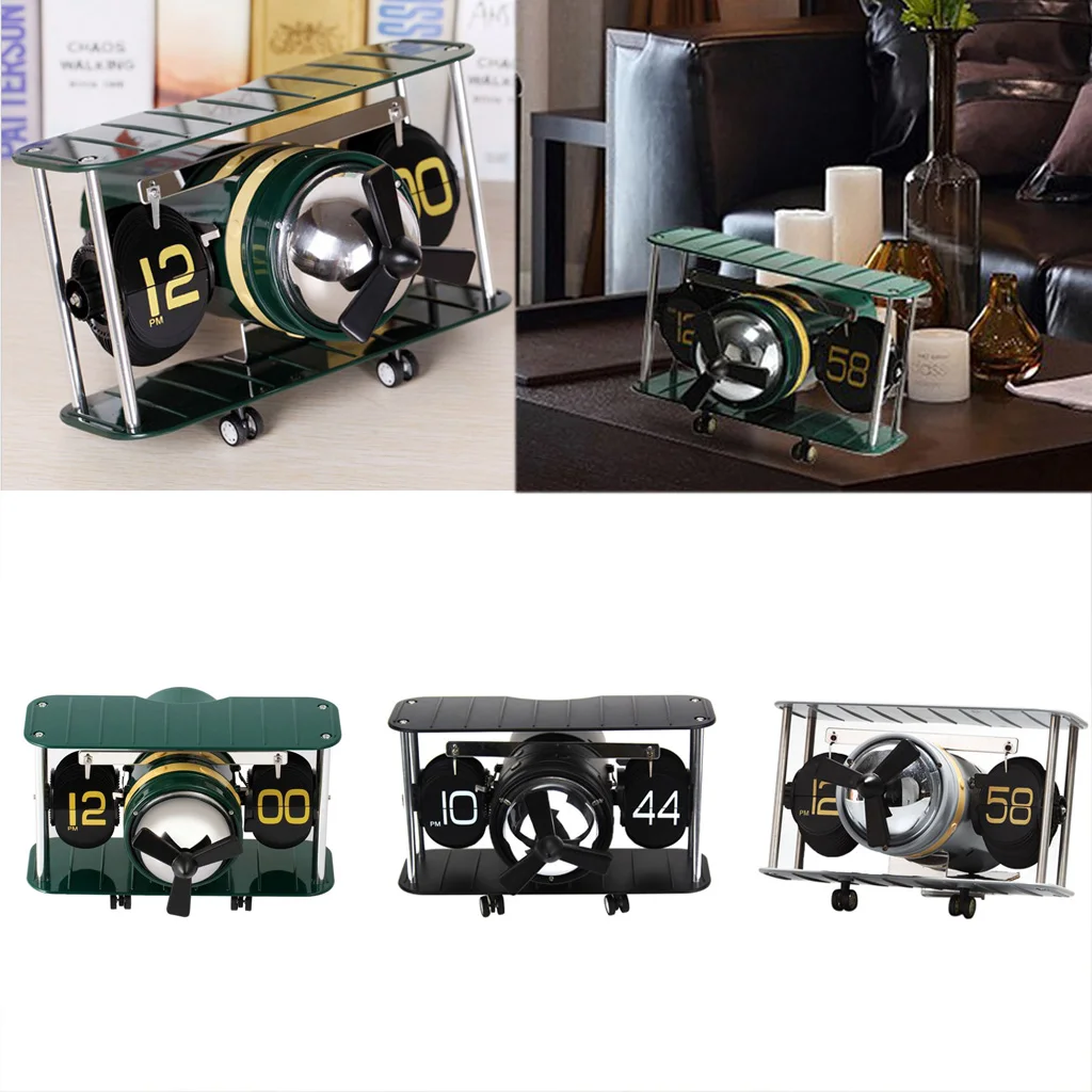 

Desk Table Down Page Internal Gear Operated Clock Retro Airplane Model Retro Flip Clock for Home Office Desktop Wall Decor