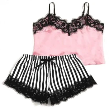 

2020 Summer Women Two Piece Sleepwear Pajama Set Pink Sexy Lace V-neck Suspender Top and Bow Stripe Loose Shorts Ladies Homewear