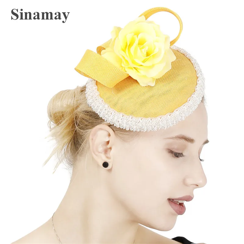 Yellow Hair Wedding Fascinator Hat Headband Bridal Elegant Headwear Nice Show Race Hair Accessories Occasion Formal Headpiece new fashion big derby fascinator hat for wedding women white flower headpiece headband fancy feather race chapeau mariage femme