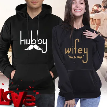 

2019 Couples Installed Hubby Beard Wifey Eyelash Print Hooded Couple Sweatshirt Winter Coat Women Black Hoodies Pullover Clothes