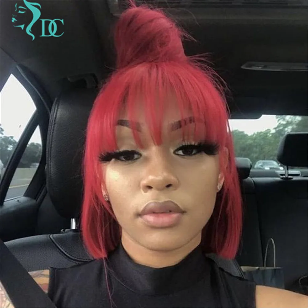 DC Hair Straight Bob Wigs With Bangs 99J Red Wig Full Machine Made Short Brazilian Remy Human | Шиньоны и парики