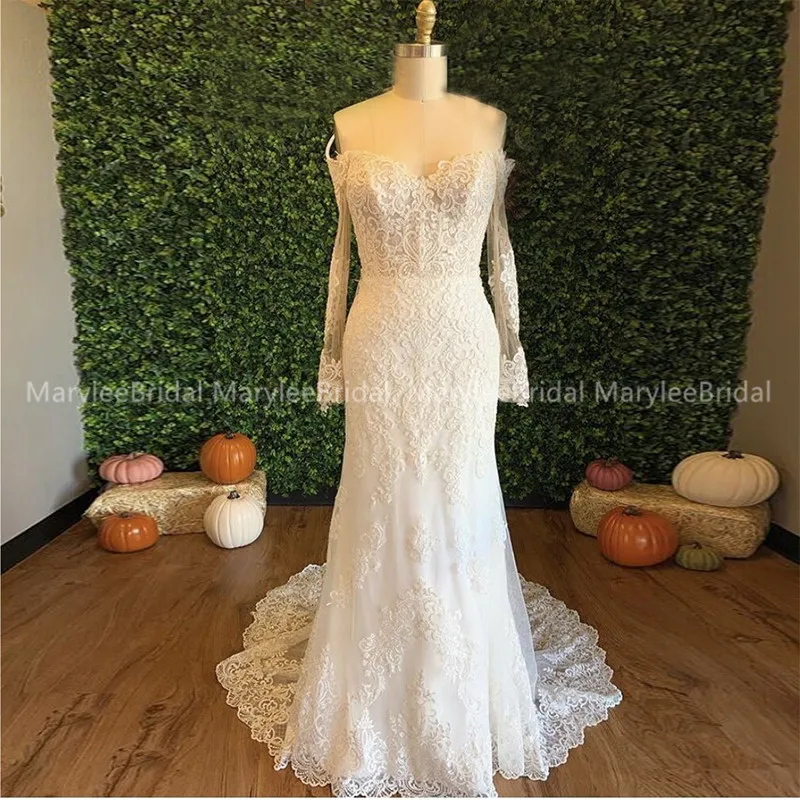 Off Shoulder Lange Mouwen Trouwjurk Mermaid Stijl Wit Ivoor Applicaties Bridal Dress Zipper Terug Kapel Trein Suknia Slubna Off Shoulder Lange Mouwen Trouwjurk Mermaid Stijl Wit Ivoor Applicaties Bridal Dress Zipper Terug Kapel Trein Suknia Slubna
