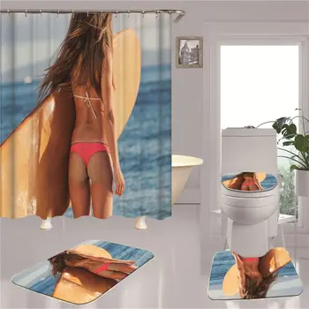 

4 Piece Shower Curtain Sets with Non-Slip Rug, Toilet Lid Cover, Bath Mat