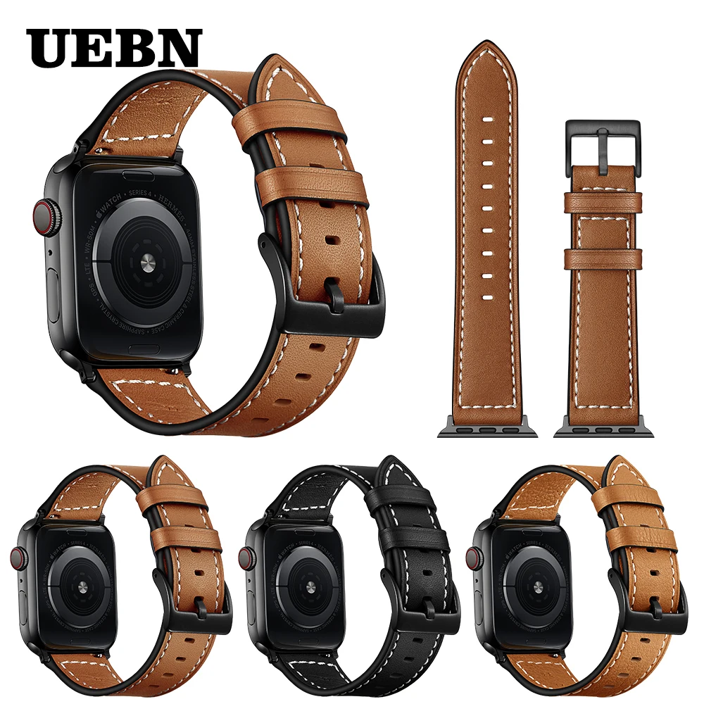 Ремешок UEBN кожаный для Apple watch Series 5 4 3 2 аксессуары часов iWatch 40 мм 44 42 38 | Наручные