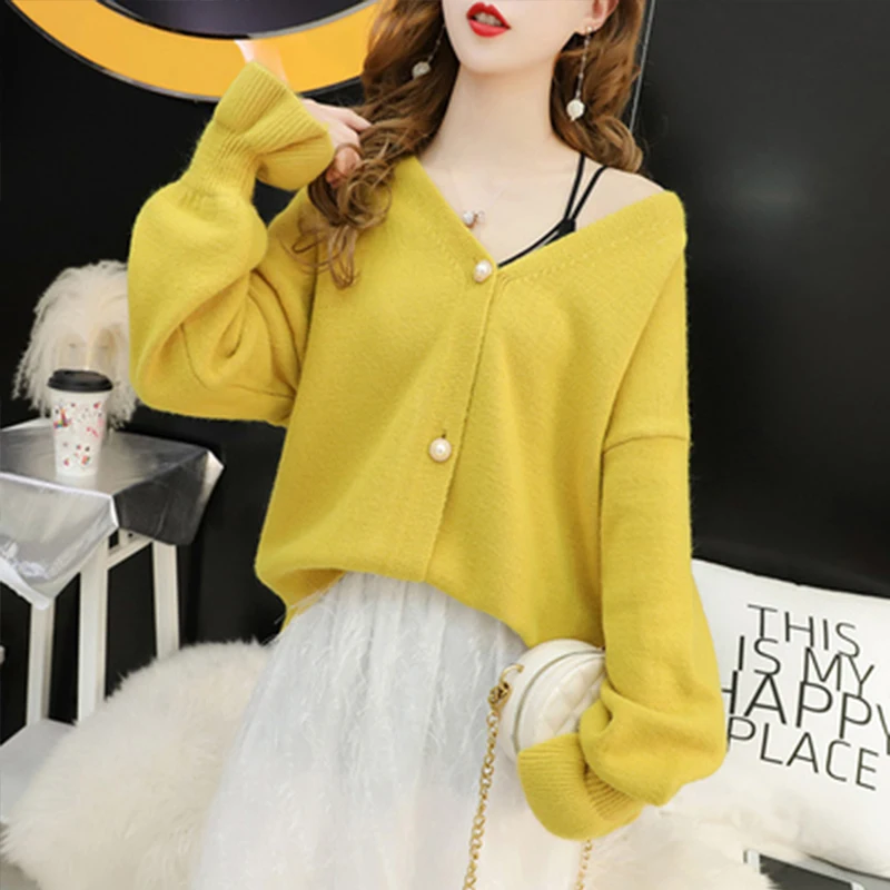 

New Women Stylish Knitted Cardigan Autumn Spring Pure Color V Neck Flare Sleeve Button Casual Ladies Sweaters Tops