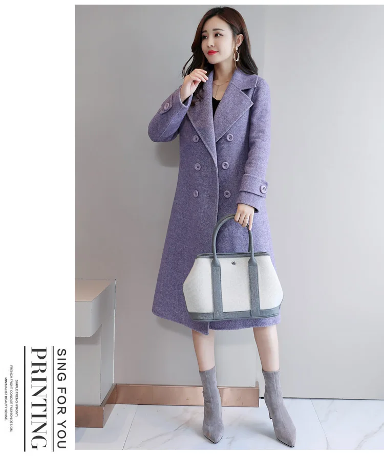 Осенне-зимнее длинное теплое шерстяное пальто Женская корейская мода; Слим шерстяное пальто элегантная двубортная верхняя одежда женское пальто