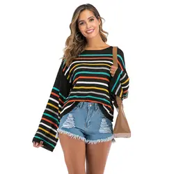 Женский пуловер в цветную полоску, Свободный Прямой пуловер с длинным рукавом, женский свитер на осень и зиму