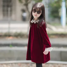 DFXD одежда для подростков платье с длинными рукавами для девочек модное платье принцессы трапециевидной формы с кружевным воротником из хлопка и бархата золотого цвета для детей от 3 до 12 лет, костюмы