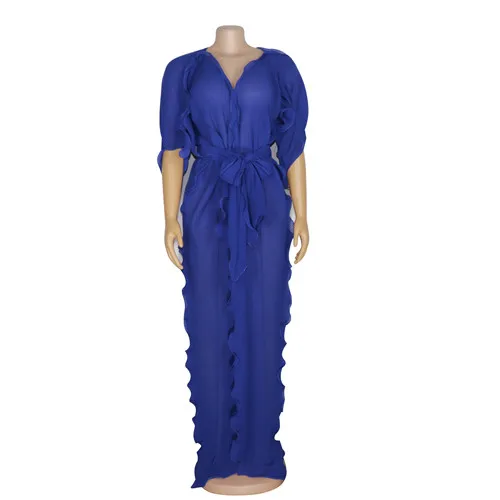 blue Тилапии модные блузки с короткими рукавами шифоновое, максимальная длина пикантные однотонные V образным вырезом лоскутное платье - Цвет: blue