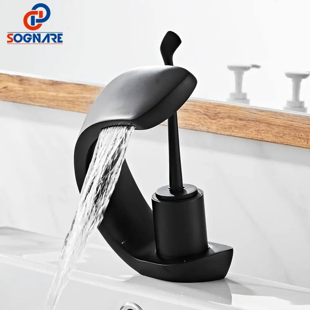 SOGANRE Bathroom Basin Faucet Matte Black Solid Brass Unique Design Sink Mixer Tap Hot& Cold Waterfall Basin Faucet Mixer Water
