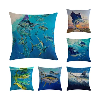 

Sea Animal Cushion Cover Ocean Sea Swordfish salmon Beach Pillow Case Cotton Linen 45x45cm Throw Pillow Cover Home Decoration
