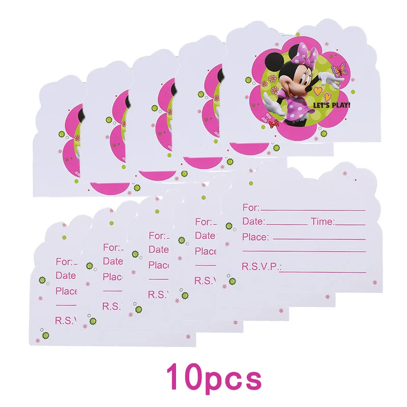 Вечерние украшения с Минни Маус, детские принадлежности для вечеринки на день рождения, столовая посуда, скатерть, тарелки, чашки красного и розового цвета, подарок для ребенка - Цвет: Invitation card 10pc