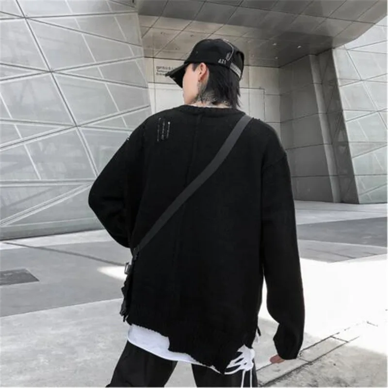 personality dark style hollow sweater men casual irregular split hole mens sweaters harajuku pullover men hip hop loose jumper